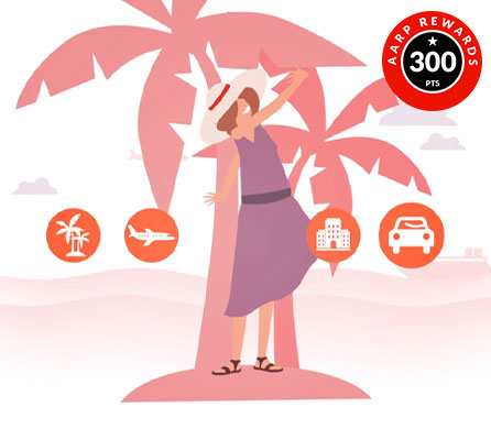 woman in sundress and hat standing in front of a palm tree with four icons in circles floating on each side of her, palm tree icon, airplane icon, hotel icon, car icon