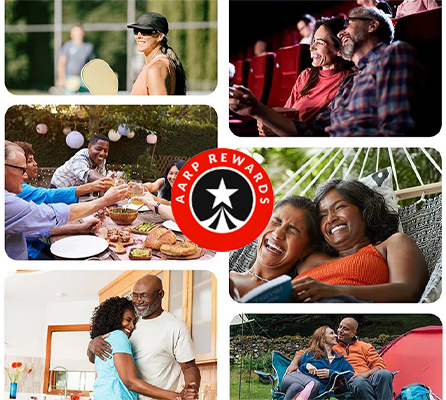 Collage of AARP members doing various weekend activities, including going to the movies, playing pickleball, and enjoying time with friends and family