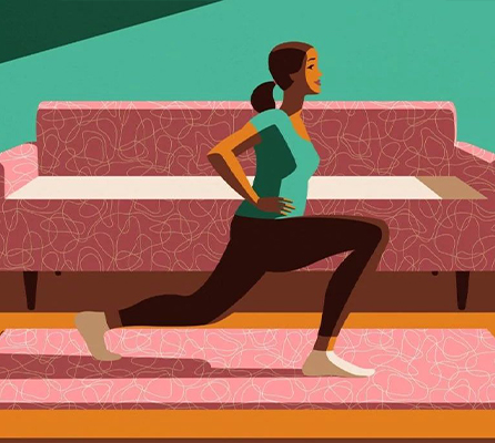 Illustration of woman doing lunges in front of her couch