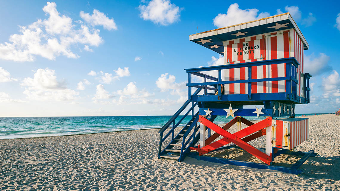 Colorful stars and stripes lifeguard tower on Miami Beach, Florida