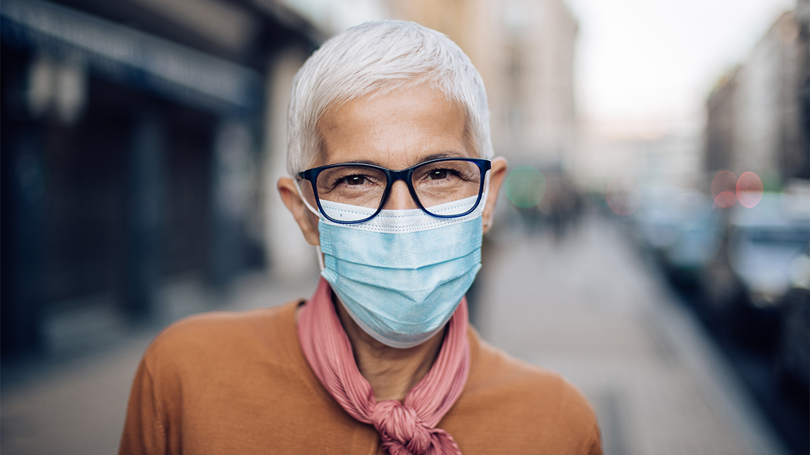 Portrait mature woman in glasses and face mask