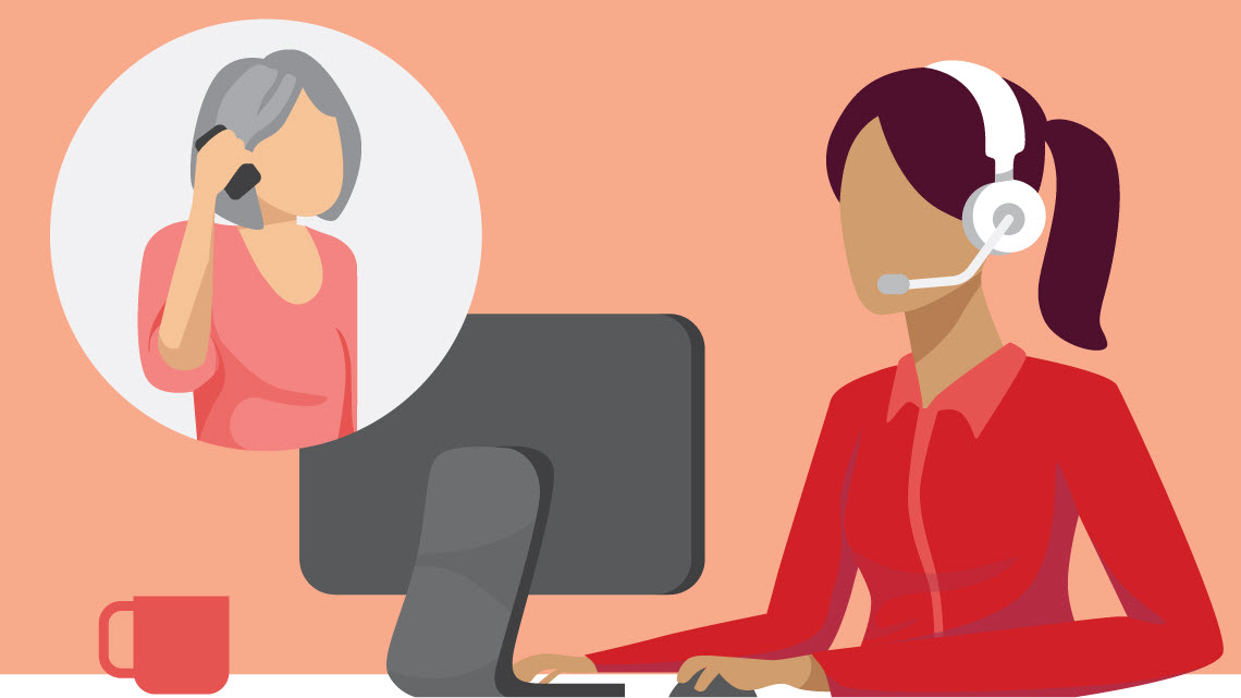 woman on phone talking to a woman in front of computer with headphones