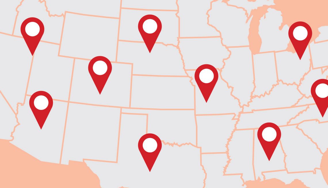 zoomed in map of the united states with map locator pins scattered around