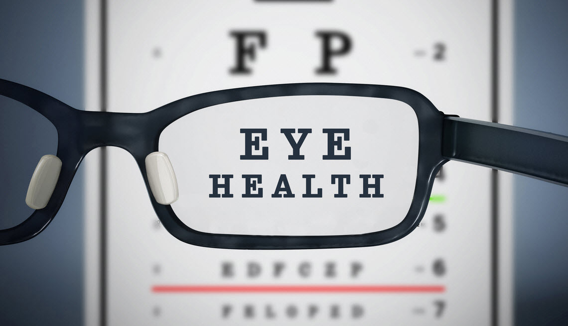 Eye glasses looking at an eye chart that says "Eye Health"