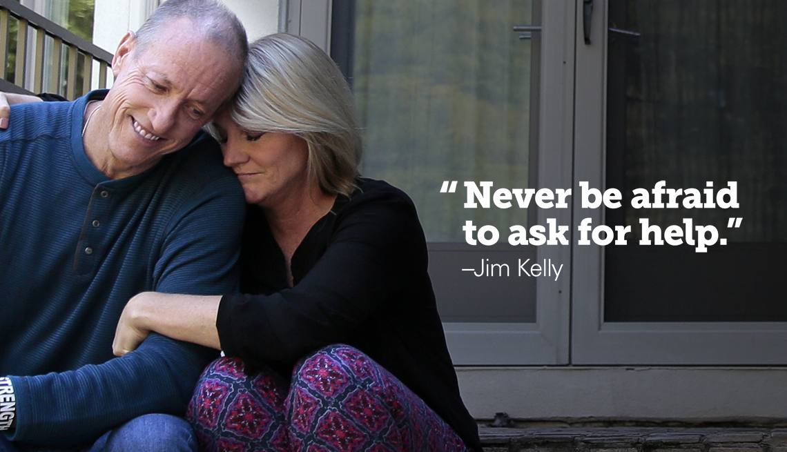 Jim Kelly and his wife sitting on the porch. Quote from Jim over image, "Never be afraid to ask for help"