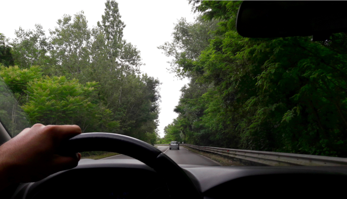 View from inside of a vehicle of a hand on the steering wheel. Car is driving on a wooded highway
