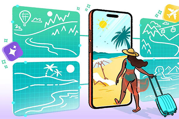 Illustration of a woman walking through a smartphone screen to waiting vacation.