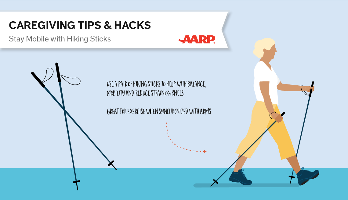 caregiving tips and hacks,an illustration of a woman using hicking sticks as she walks