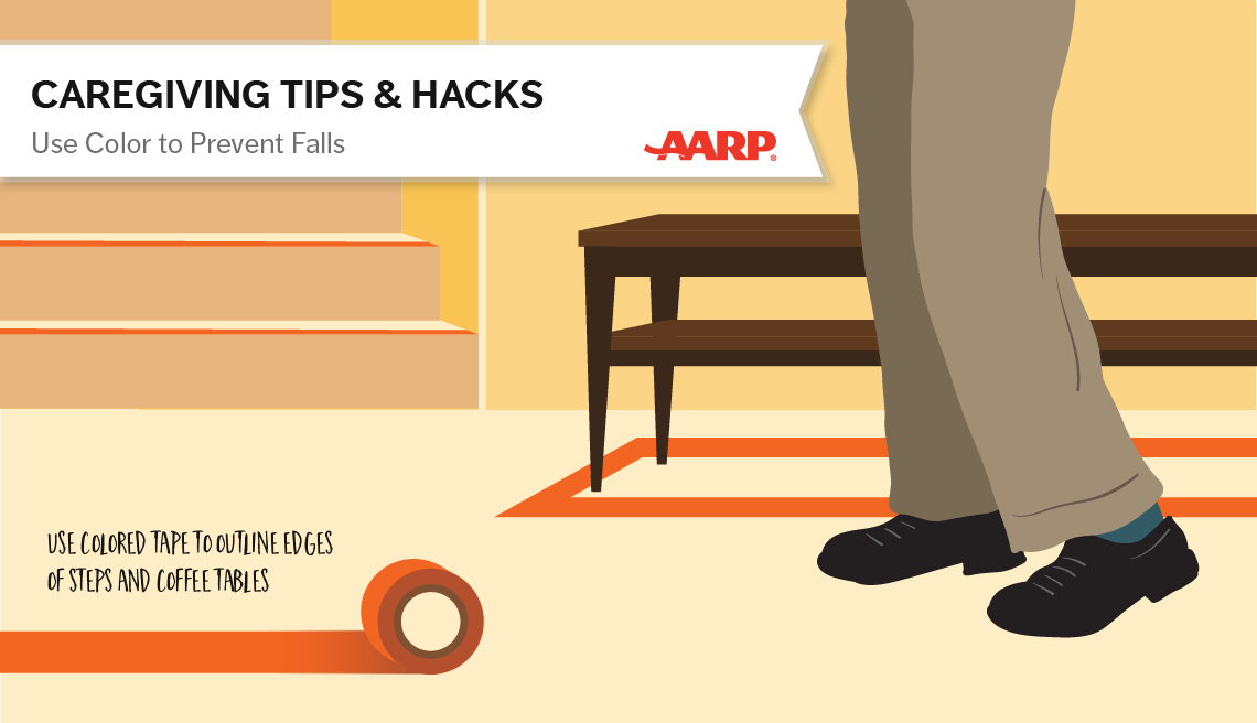caregiving tips and hacks,an illustration of a colored tape on edges to help prevent falls