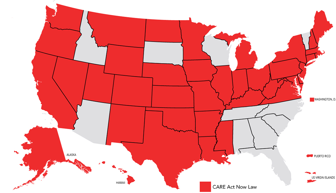 United States map showing the states that have passed the care act highlighted in red. Click the image for more details