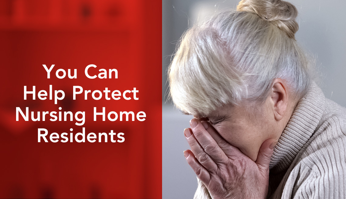 You can help protect nursing home residents. Woman sitting alone, crying.