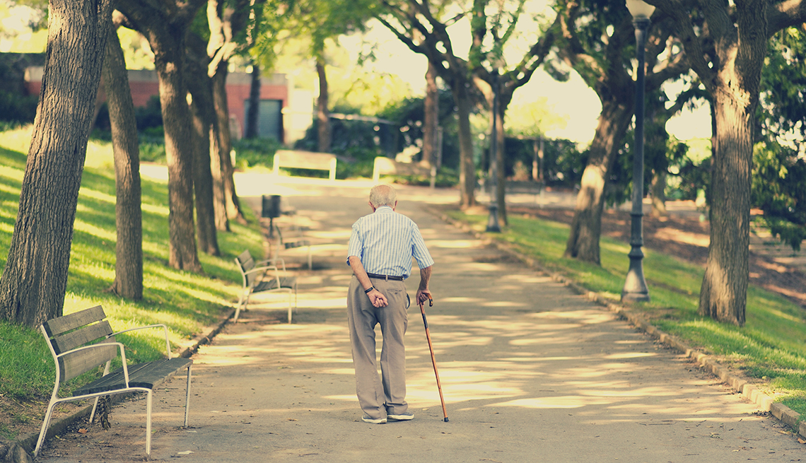 a man with a cane wandering alone through a park