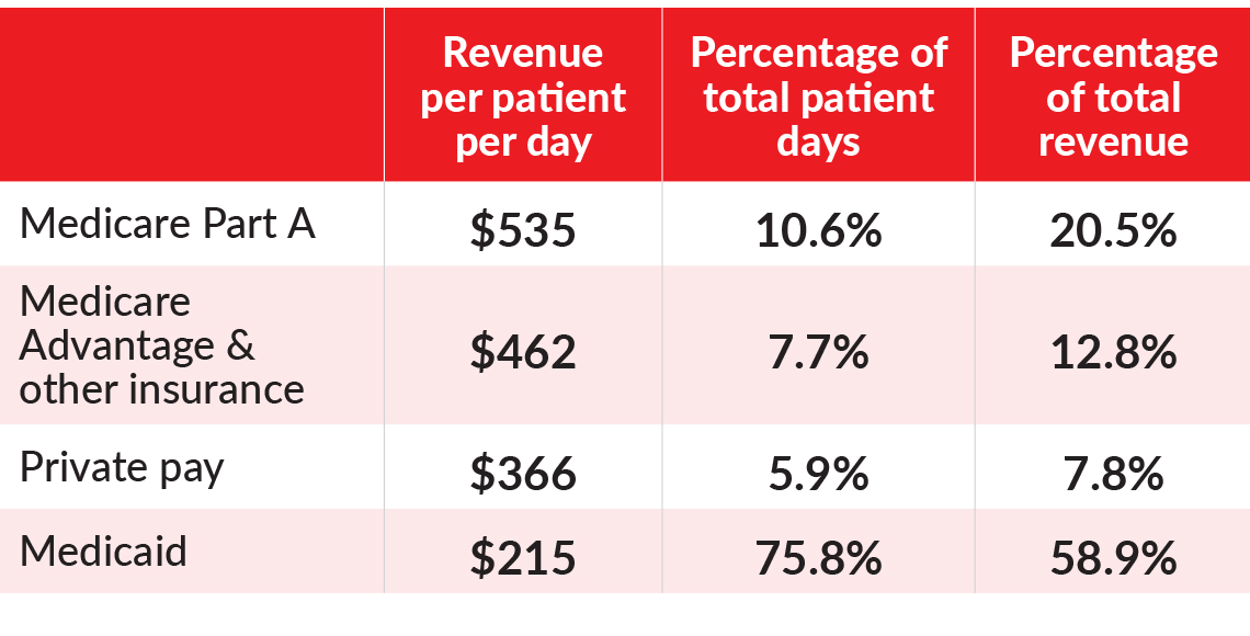 Table showing the revenue per patient per day the percentage of total patient days and the percentage of total revenue as compared between medicare part a medicare advantage and other insurance private pay and medicaid