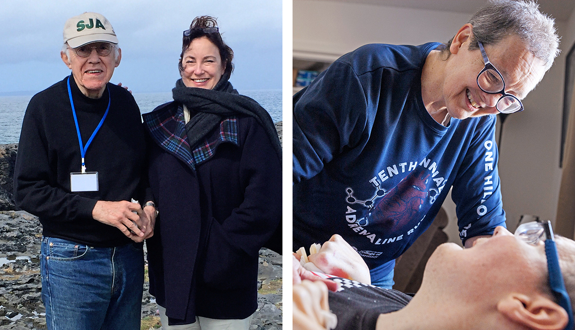 Izquierda) Kitty Eisele hizo un viaje a Irlanda con su padre, Al, en 2017. Eisele se desempeñó como cuidadora de su padre; (Derecha) Jeanie Olinger, de 61 años, prepara a su hijo Chris para una siesta.