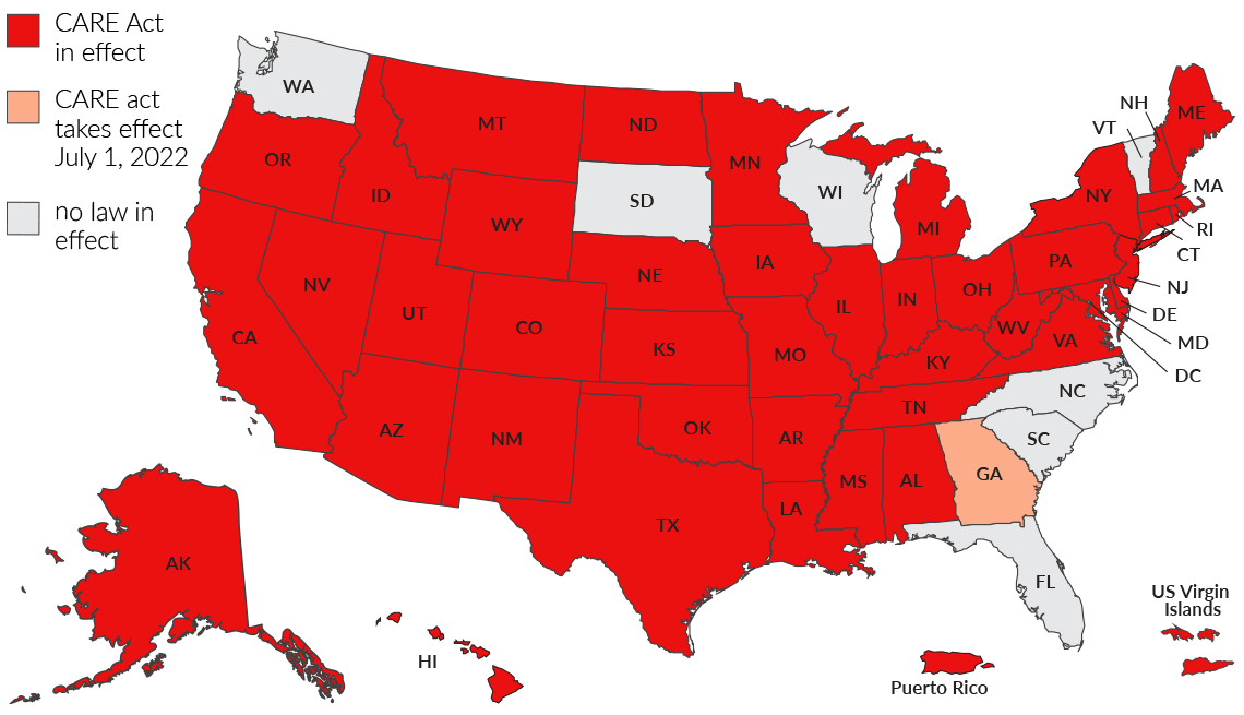 map of the united states showing that all states except washington south dakota wisconsin north carolina south caroline georgia and florida have the care act in effect