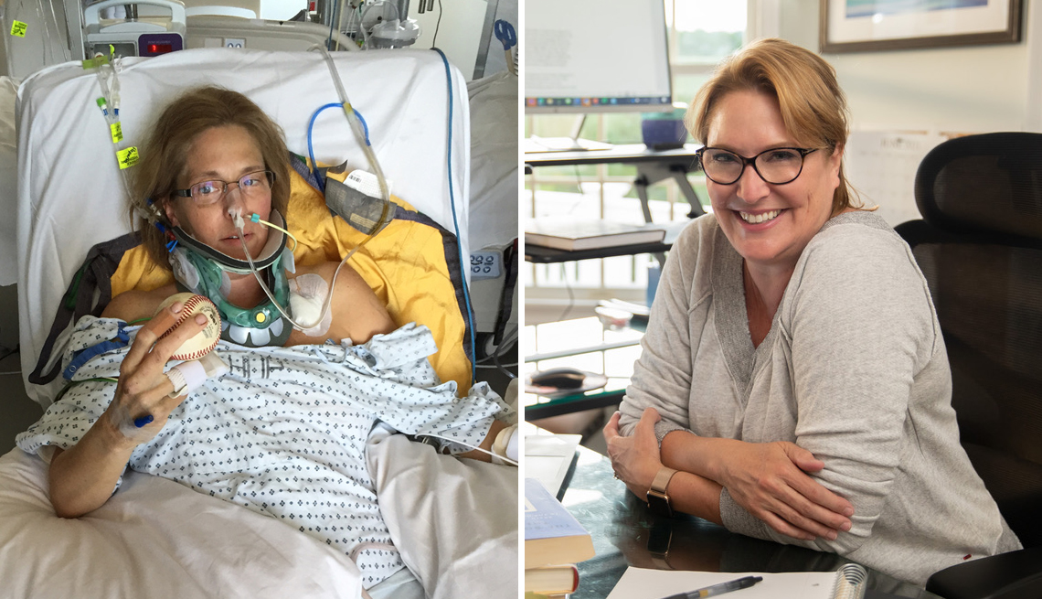 (Izquierda) Geralyn Ritter en el hospital después del accidente; (derecha) Geralyn Ritter ahora.