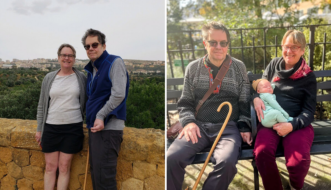 Cressida and Russell McKean on a trip to Sicily in May 2023 and with their grandson at the Brooklyn Botanic Garden. Following his stroke, Russell McKean went to intense physical therapy to relearn how to walk.

