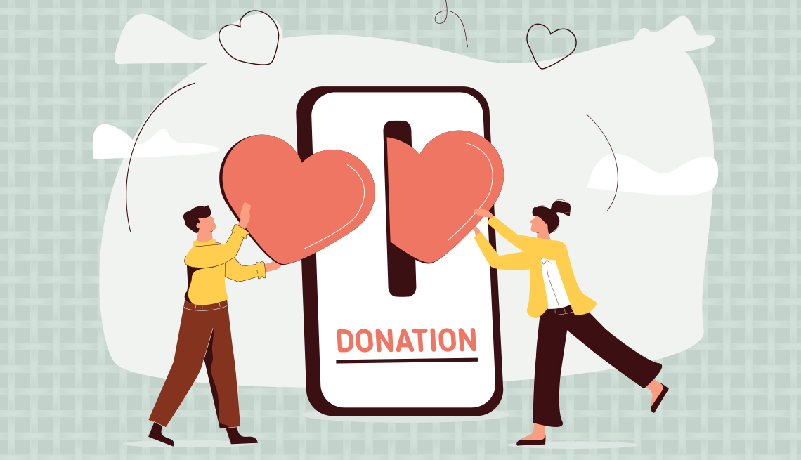 Ilustración de dos personas regalando corazones a través de un portal de donaciones.