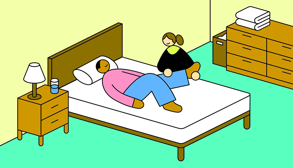 Ilustración de una persona en una cama haciendo ejercicio con la ayuda de su cuidador.