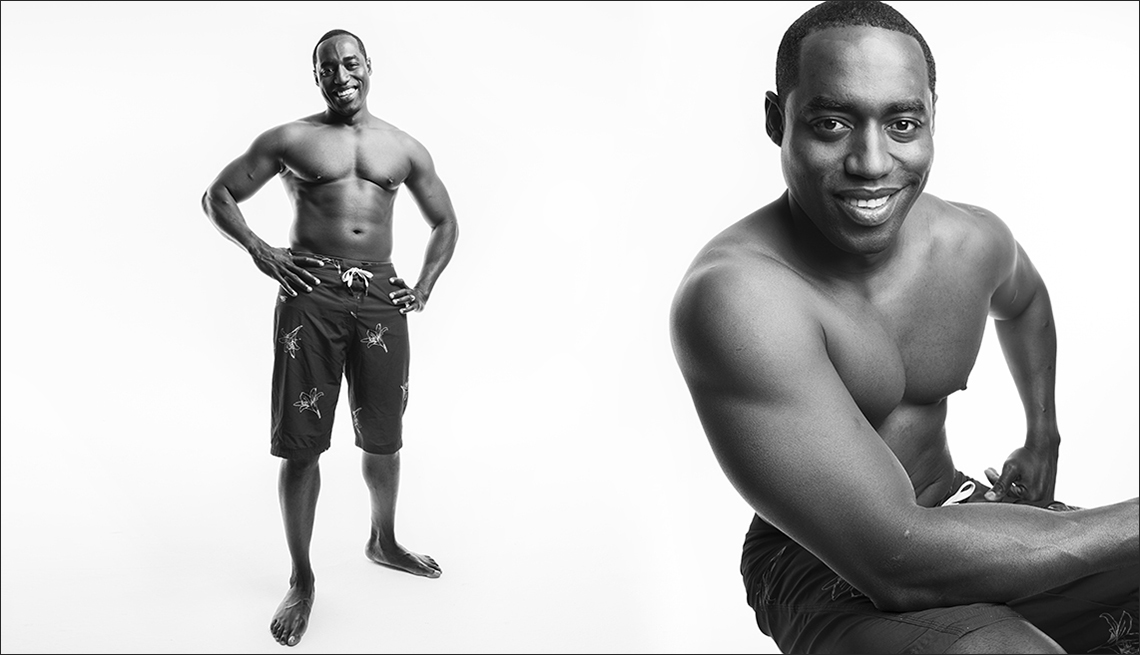 item 4 of Gallery image - Two photos of Frantzy Orisma in shorts with no shirt
