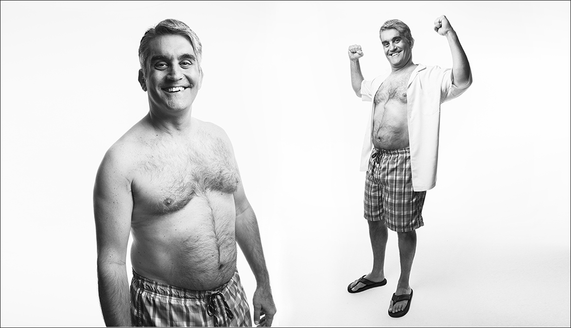 item 6 of Gallery image - Two photos of Josh Kagan. One with shirt open, one with shirt off