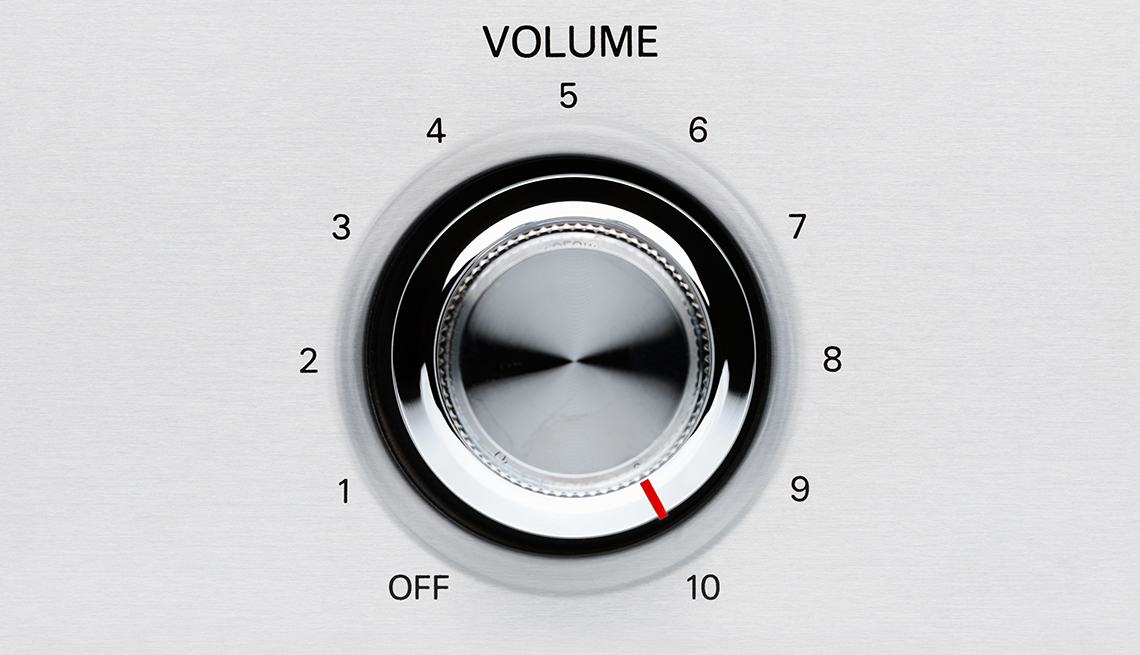 A chrome volume knob turned all the way to 10.