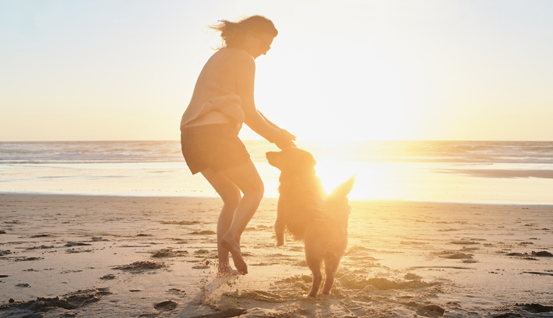 Woman playing with her dog on a beach at sunset
