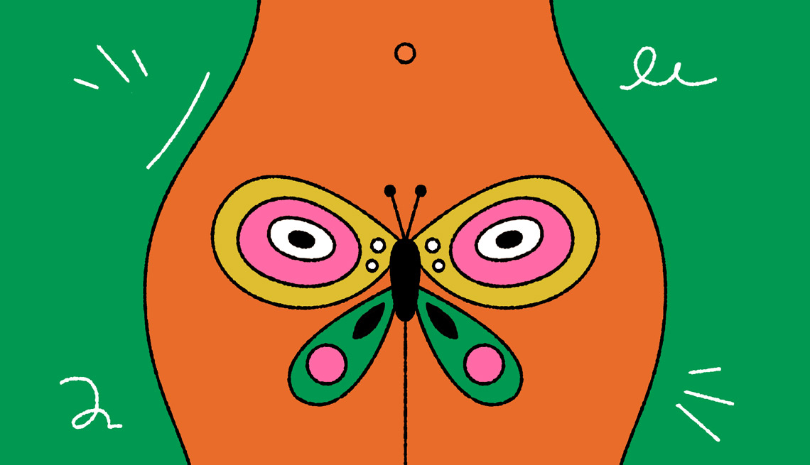 Illustration of a woman's hip area with a butterfly overlaid