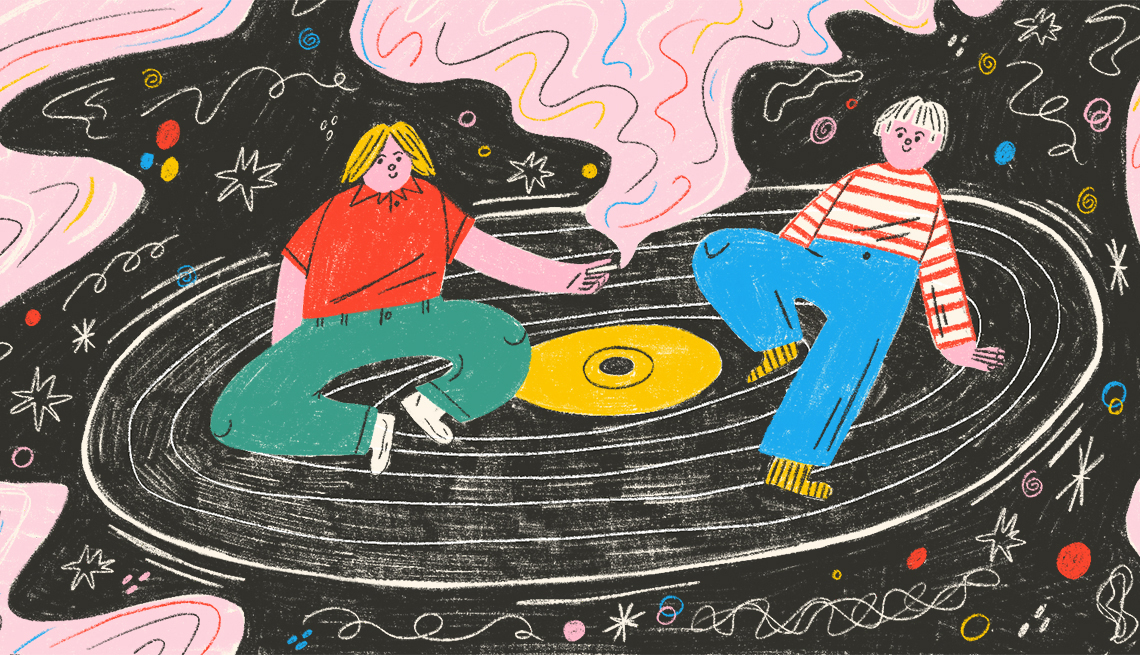 Creative drawing of two boys sitting on a music record