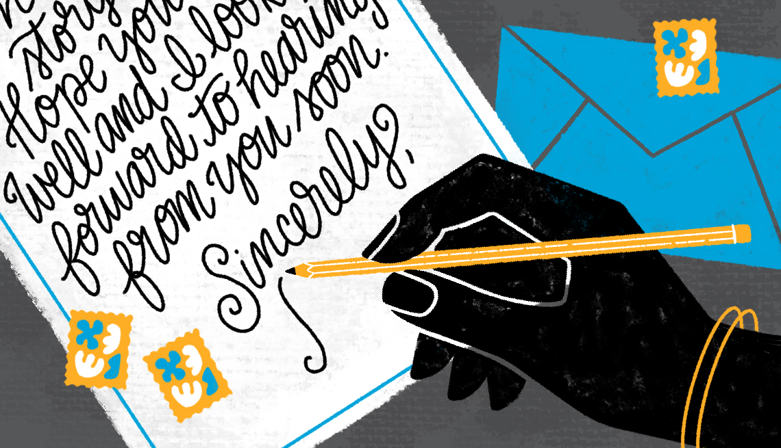 Illustration of a hand holding a pencil and writing a letter. A blue envelope is in the background