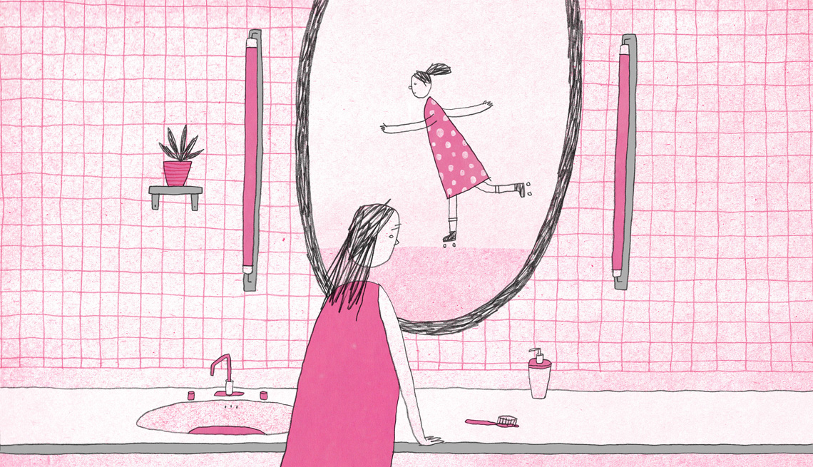 Illustration of a woman looking into a bathroom a mirror. Her reflection shows a younger girl roller skating