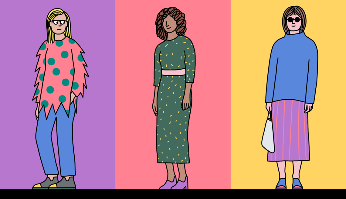 Illustration of three women wearing different types of fashion