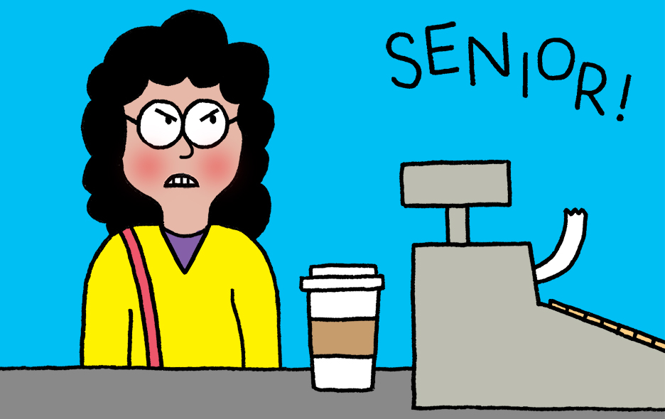 Illustration of a frustrated looking woman with coffee standing at a cash register