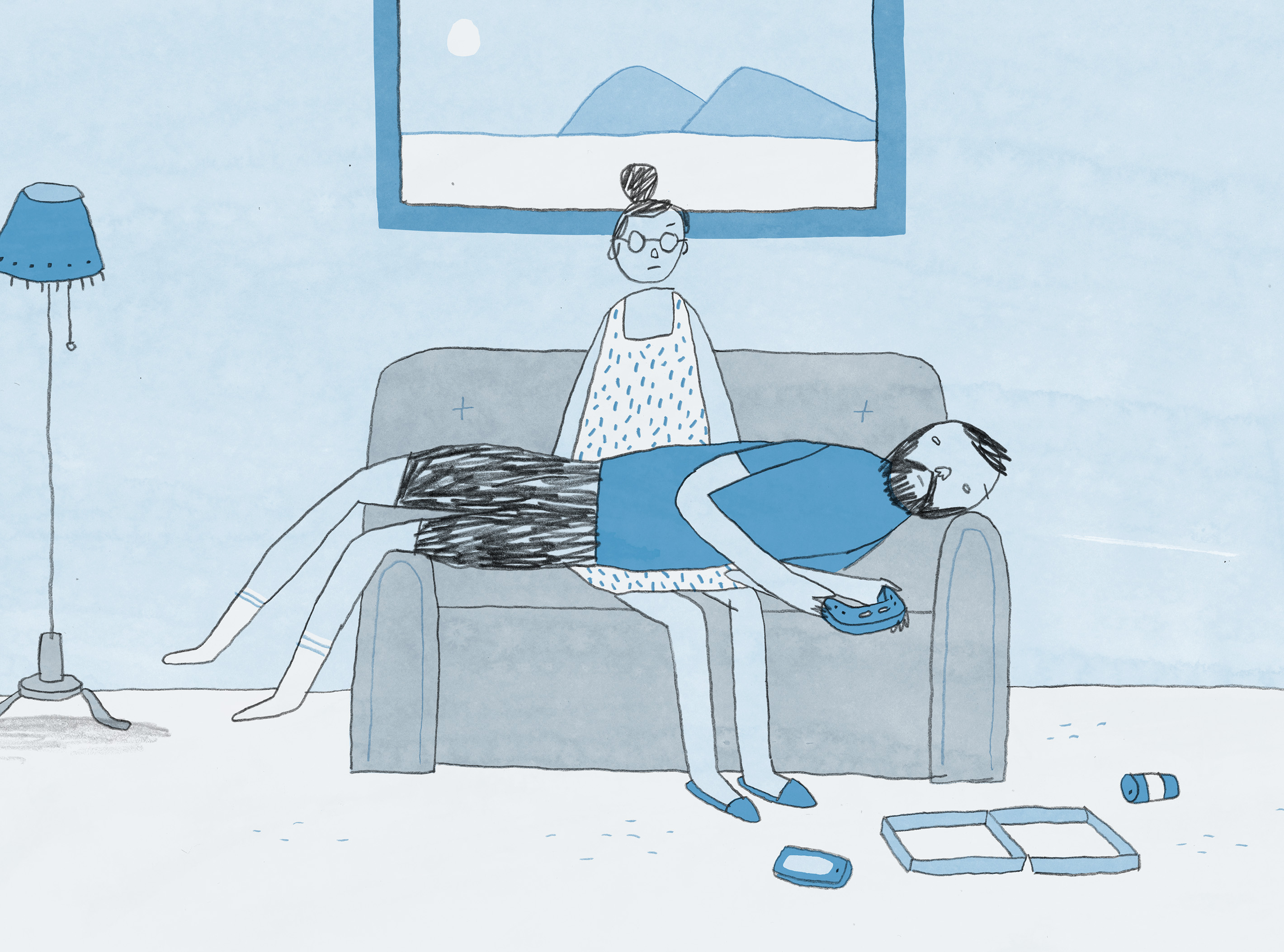 Illustration of a woman sitting on a couch with her adult son laying across her using a game controller