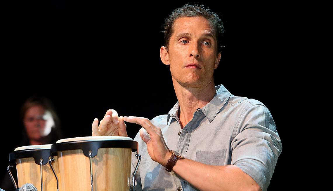 Matthew McConaughey, Actor, Performs, Bongo Drums, On Stage, Concert, Actor Rock Stars