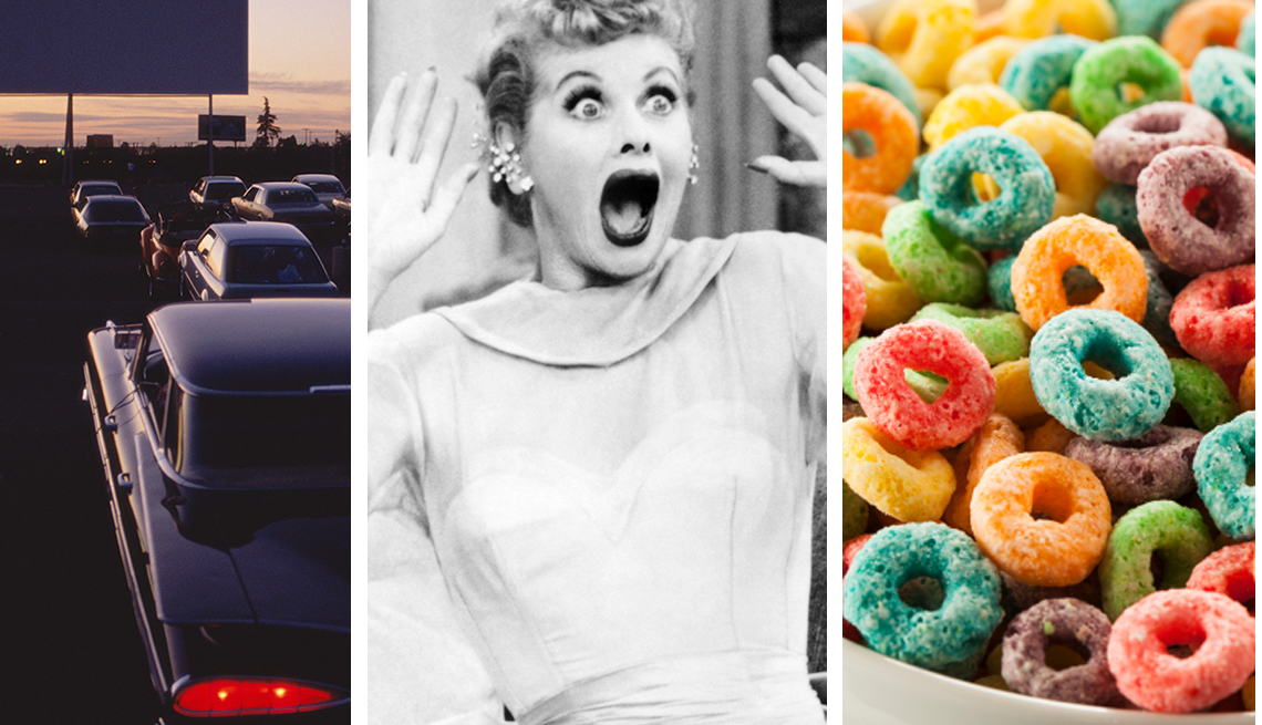 Drive-in movie, Lucille Ball, Fruit Loops in cereal bowl, You Know You're a Boomer if