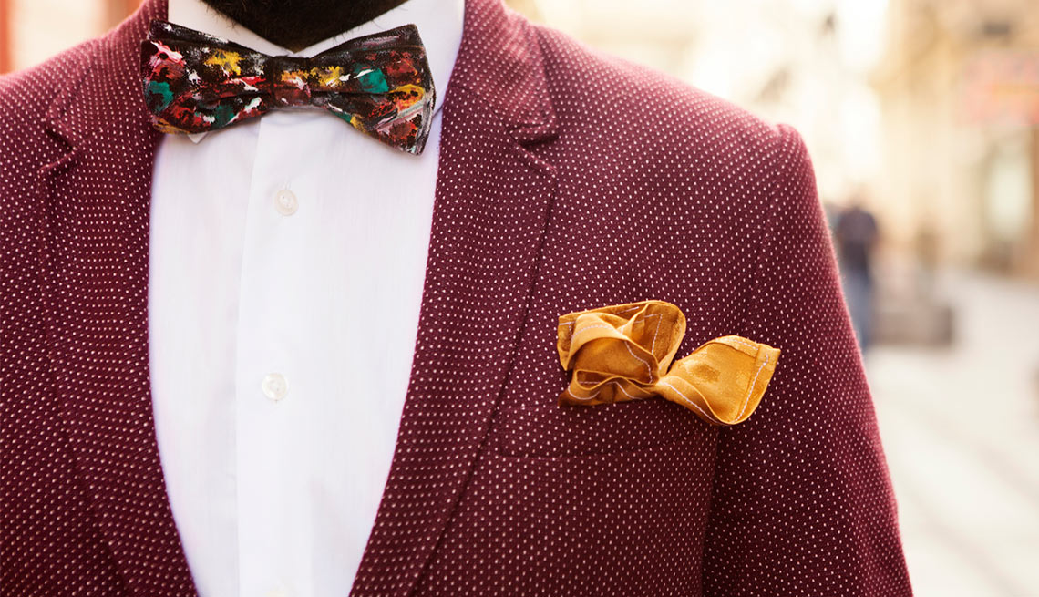 Red Tweed Jacket, Bowtie, Yellow Pocket Sqaure, Mens Fashion, Eight Styles For Color Shy Guys