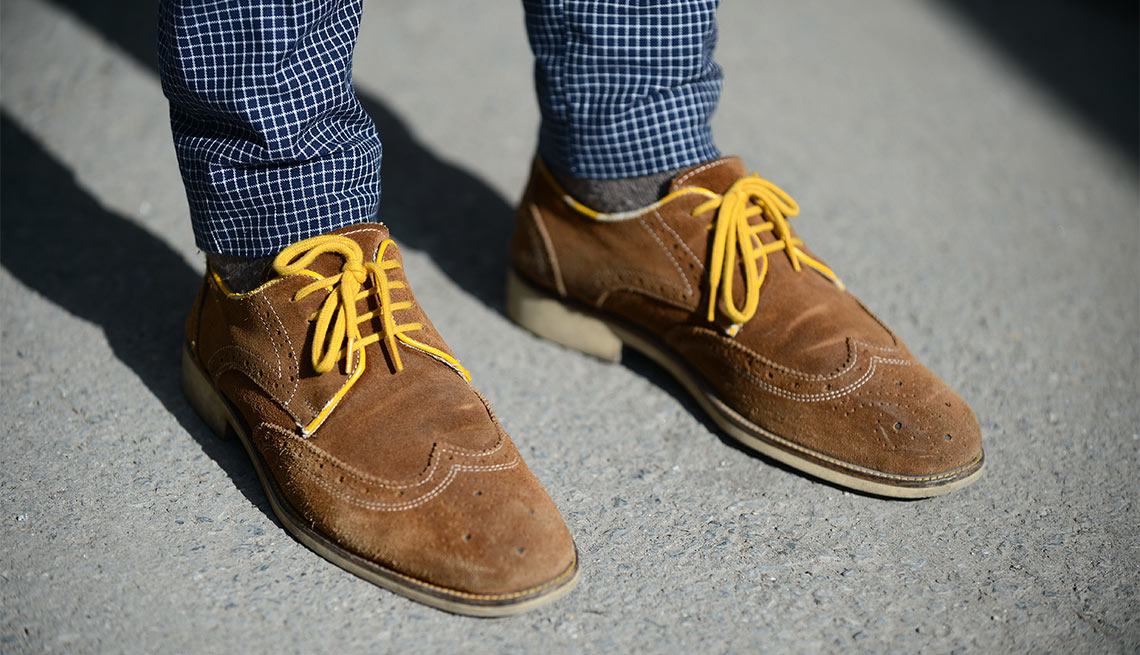 Close Up, Mens Shoes, Suede Tan Shoes, Yellow Laces, Eight Styles For Color Shy Guys