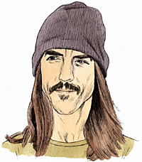 Portrait drawing of American musician Anthony Kiedis . Person with long hair and knit cap