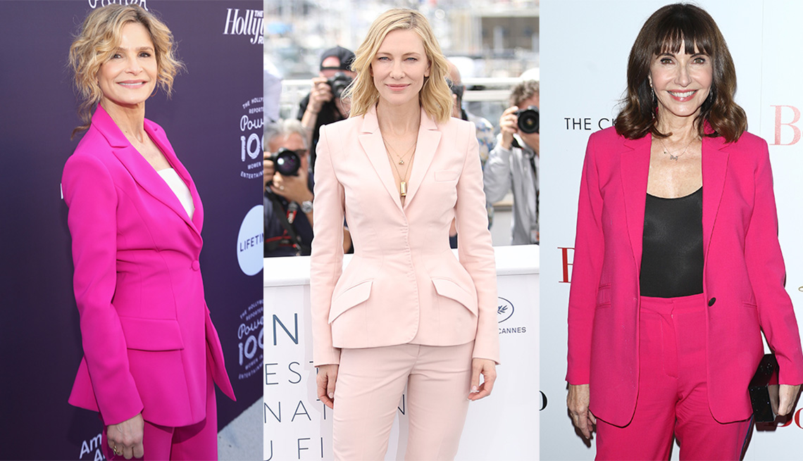 Kyra Sedgwick in a bright pink, Cate Blanchett in baby blush pink and Mary Steenburgen in a peony bright pantsuit and black tank and bag