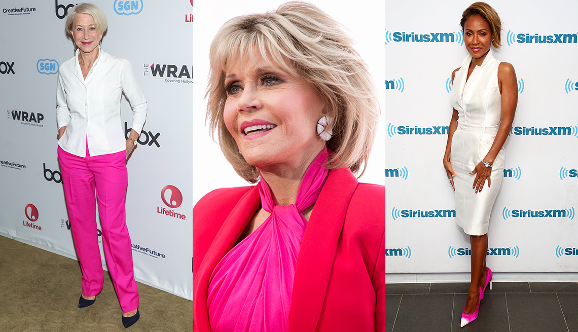 Helen Mirren, Jane Fonda, y Jada Pinkett Smith con prendas rosadas.