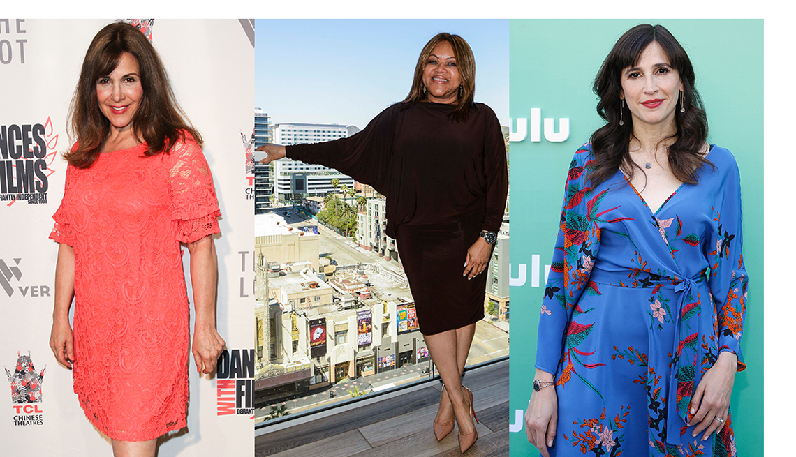 Maggie Wagner, Kymberly Haskins and Michaela Watkins with dresses that complement their arms