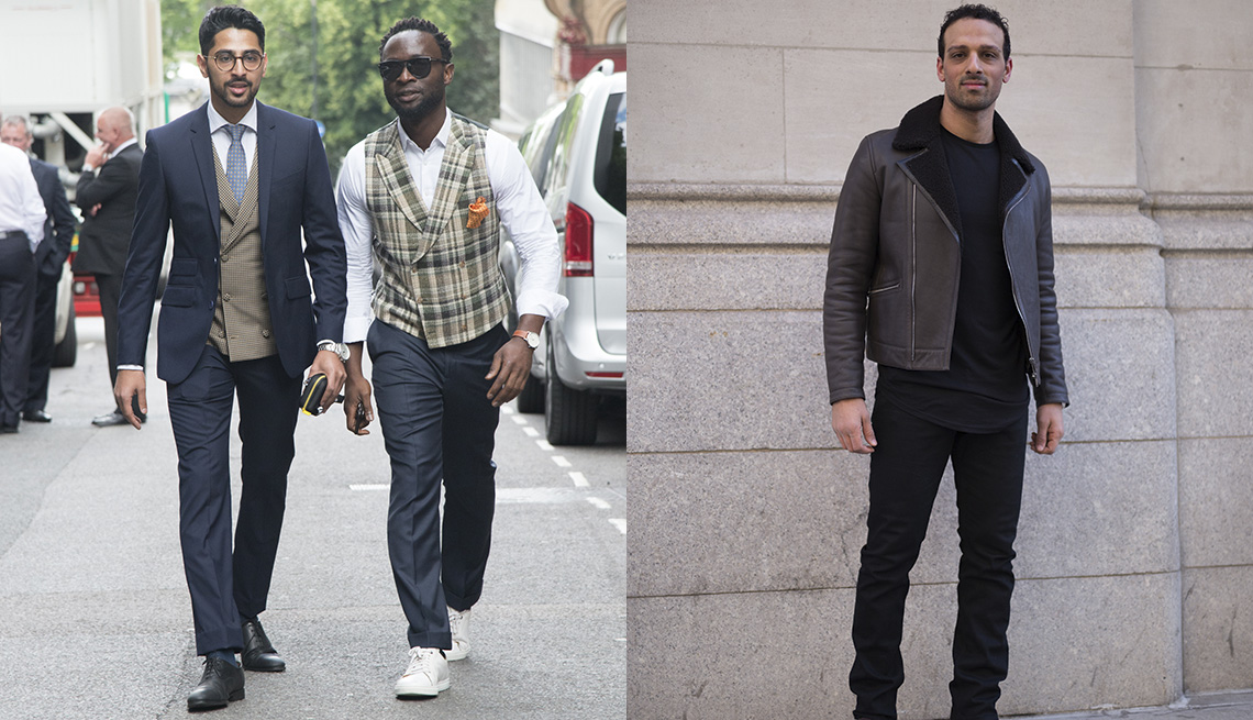 Saad Wadia wears Zara shoes and glasses and a Saran Kohli suit, waistcoat, shirt and tie with Founder of cutsforhim.com Edmund Kamara wearing a Suit Supply waistcoat, trainers and trousers,; Ari'el Stachel at Suitsupply during New York Fashion Week 2018