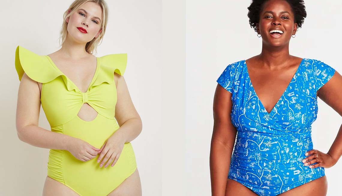 item 10 of Gallery image - Eloquii Drama Ruffle One-Piece Swimsuit in Limeade; Old Navy Wrap Front Secret-Slim Tie-Back Swimsuit in Blue Scenic