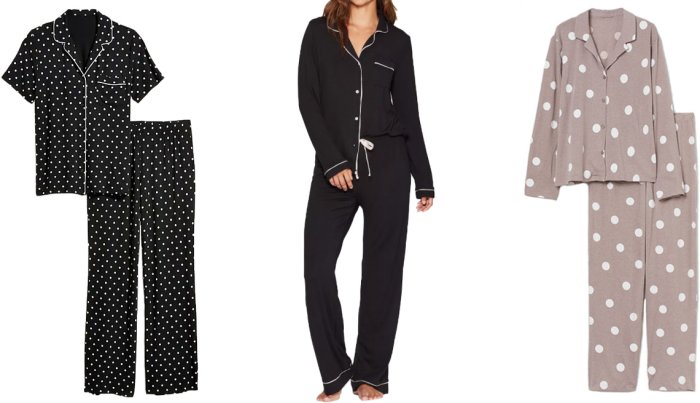 item 1 of Gallery image Old Navy Jersey Pajama Set for Women in black dots; Stars Above Beautifully Soft Notch Collar Top and Pants Pajama Set in black; H&M Pajama Shirt and Pants in dusky pink/dotted