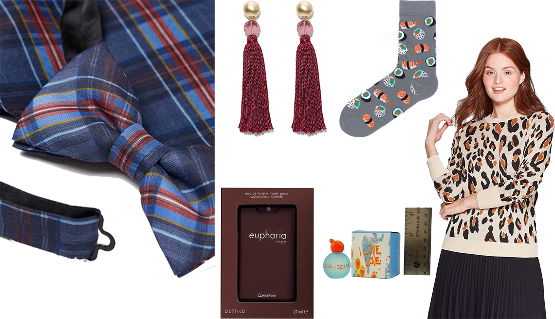 item 6 of Gallery image - H&M Bow Tie and Handkerchief, Loft Tassel Earrings, H&M Patterned Socks, A New Day Women's Leopard Print Long Sleeve Crewneck Pullover Sweater, I Love Love by Moschino Eau de Toilette Mini, Calvin Klein Euphoria for Men Pocket Spray