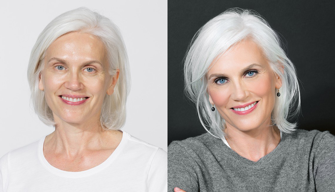 Before and after images of a woman showing the difference of applying makeup for aging eyes