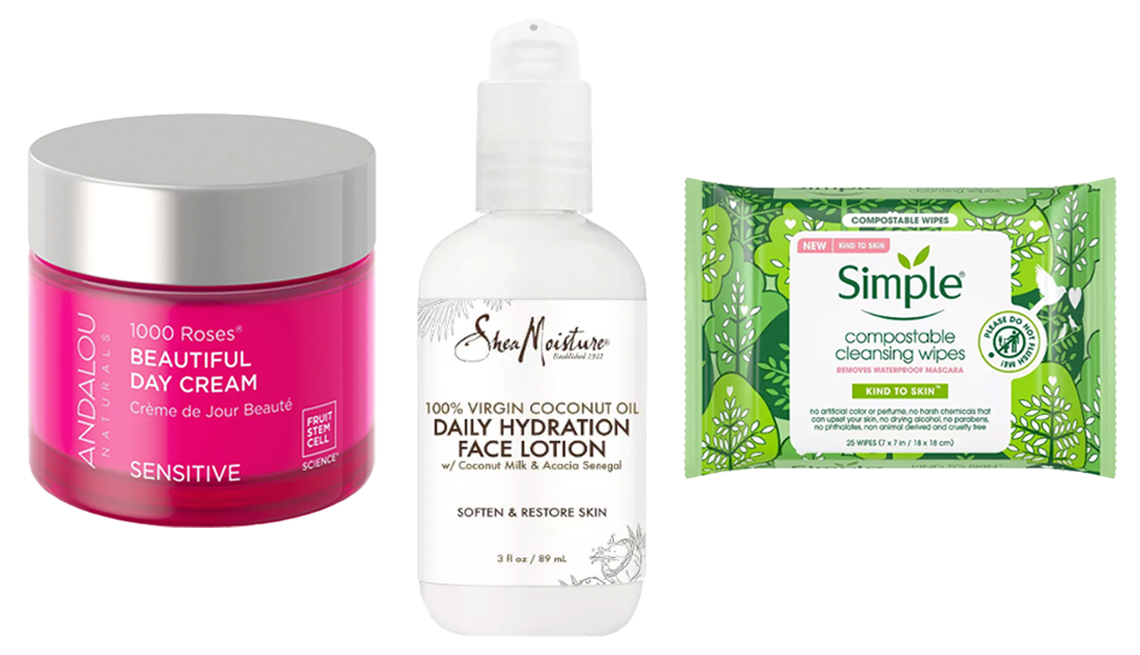 item 2 of Gallery image - (De izq. a der.) Andalou Naturals 1000 Roses Beautiful Day Cream; SheaMoisture 100% Virgin Coconut Oil Daily Hydration Face Lotion; Simple Kind To Skin Compostable Cleansing Wipes