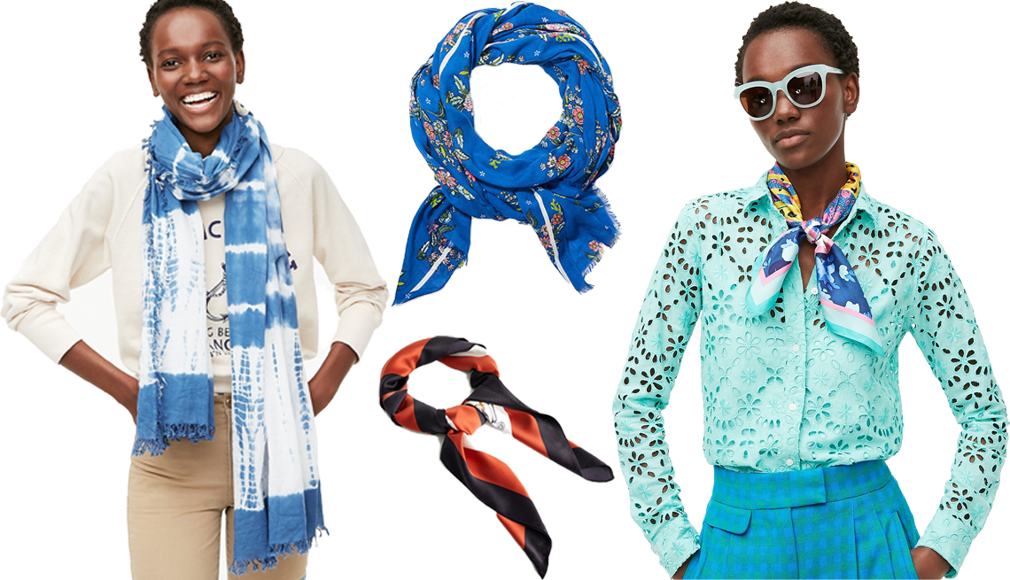 item 5 of Gallery image - Una modelo lleva una bufanda de algodón orgánico J.Crew en color teñido (izq.); bufanda floral LOFT (arriba, en medio); bufanda con diseño de cadenas MANGO (abajo, en medio); modelo lleva una bufanda de seda cuadrada J.Crew con estampado de leopardo y floral