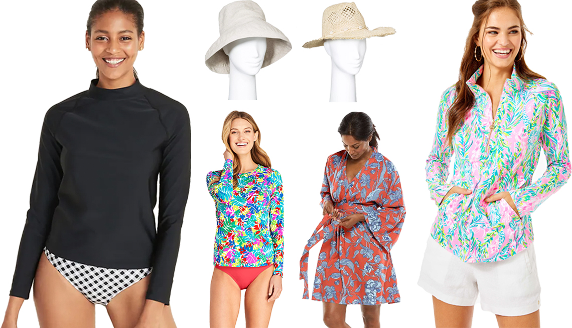 item 10 of Gallery image - Old Navy Mock Neck Rashguard Long Sleeve Swim Top for Women in Ebony U P F 40 A New Day Womens Bucket Hat in Tan Universal Thread Womens Straw Rancher Hat Lilly Pulitzer Skipper Popover Coolibar Womens Navia Cover-up U P F 50 plus Lands End Womens Crew